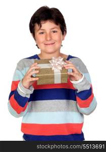 Adorable boy with a golden present isolated on a over white background