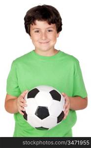 Adorable boy with a soccer ball isolated on white background