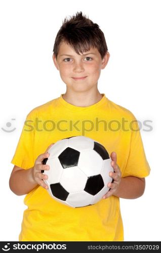Adorable boy with a soccer ball isolated on white background