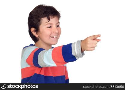 Adorable boy with a striped jersey pointing isolated on a over white background
