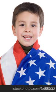 Adorable boy with american flag isolated over white