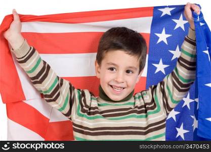 Adorable boy with american flag isolated over white