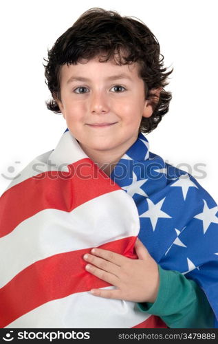 Adorable boy with american flag isolated over white