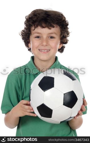 Adorable boy with ball of footboll over white background