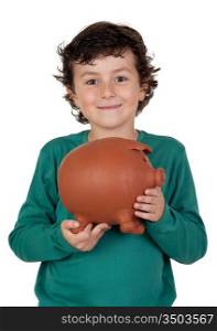 Adorable boy with big piggy bank isolated over white