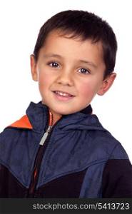 Adorable boy with dark eyes isolated on white background