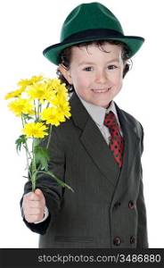 adorable boy with flowers a over white background