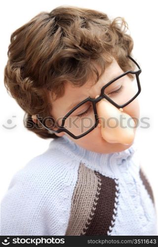 adorable boy with glasses and nose of toy a over white background