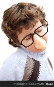 adorable boy with glasses and nose of toy a over white background