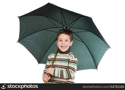 Adorable boy with open umbrellas isolated over white