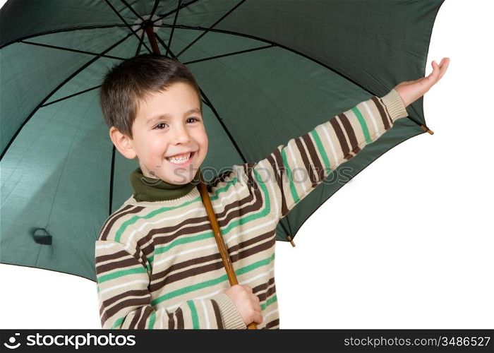 Adorable boy with open umbrellas isolated over white
