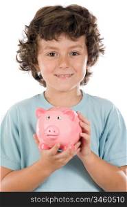 Adorable boy with pink piggy bank in his hands