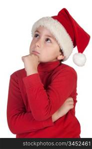 Adorable boy with santa hat isolated thinking on white background