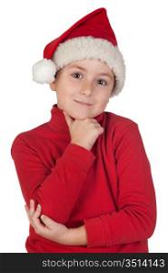 Adorable boy with santa hat isolated thinking on white background