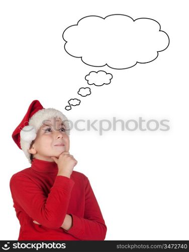 Adorable boy with santa hat thinking isolated on white background