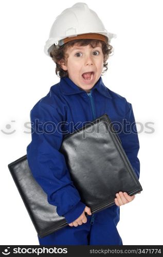 Adorable boy worker with surprise gesture a over white background