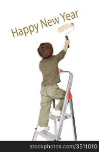 Adorable boy writing congratulation on a over white background