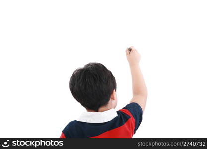 Adorable boy writing on a over white background