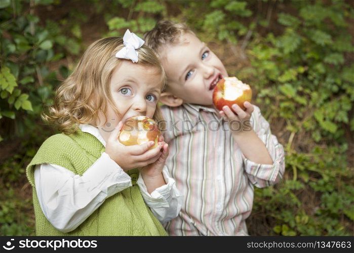 Adorable Brother and Sister Children Eating Big Red Apples Outside.