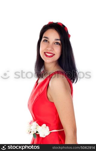 Adorable brunette girl with a elegant red cocktail dress isolated on a white background