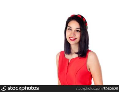 Adorable brunette girl with a elegant red cocktail dress isolated on a white background