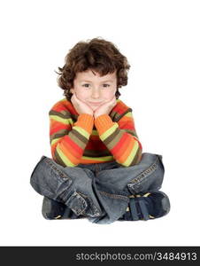 Adorable caucasian boy sitting isolated over white