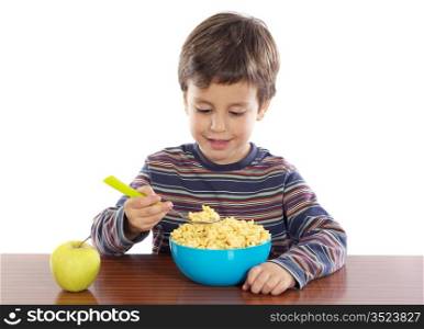Adorable child breakfasting a over white background