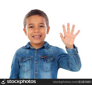 Adorable child counting with his fingers isolated on a white background