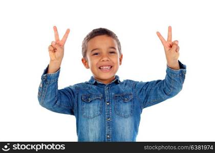 Adorable child counting with his fingers isolated on a white background