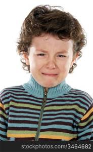 Adorable child crying a over white background