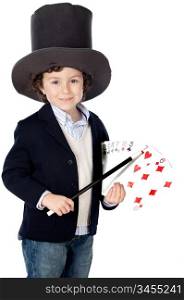 Adorable child dress of illusionist with hat a over white background
