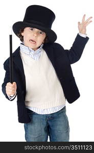 Adorable child dress of illusionist with hat a over white background