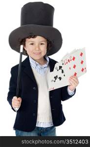 Adorable child dress of illusionist with hat a over white background