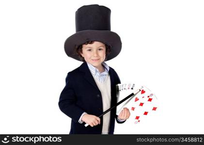 Adorable child dress of illusionist with hat on a over white background
