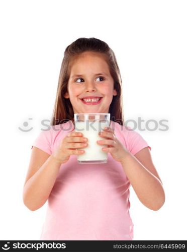 Adorable child drinking milk isolated on a white background