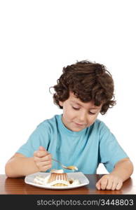 adorable child eating a over white background