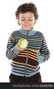 Adorable child eating an apple a over white background