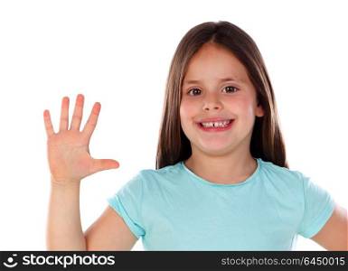 Adorable child girl counting with his fingers isolated on a white background