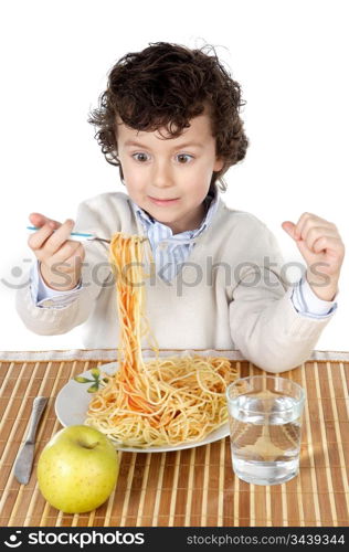 Adorable child hungry at the time of eating a over white background