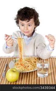 Adorable child hungry at the time of eating a over white background