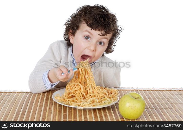 Adorable child hungry at the time of eating a over white background