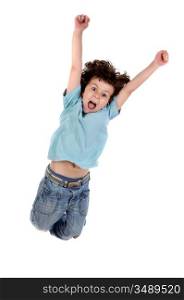 Adorable child jumping a over white background