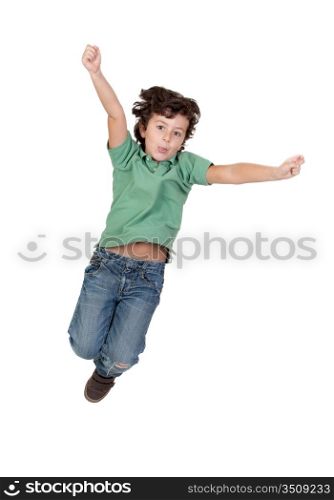Adorable child jumping isolated over white background