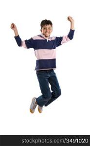 Adorable child jumping on a over white background