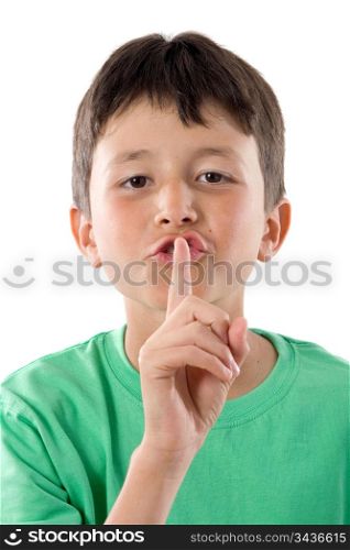 Adorable child ordering silence on a over white background