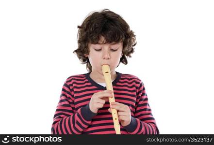 Adorable child playing flute on a over white background