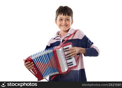 Adorable child playing red accordion on a over white background