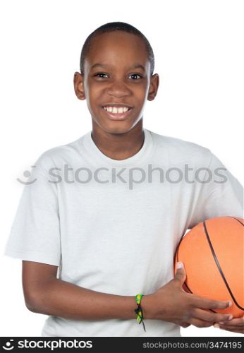 Adorable child playing the basketball a over white background