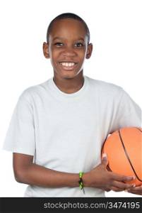 Adorable child playing the basketball a over white background