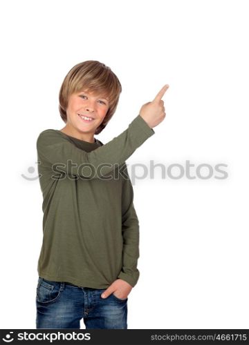 Adorable child pointing something isolated on a over white background